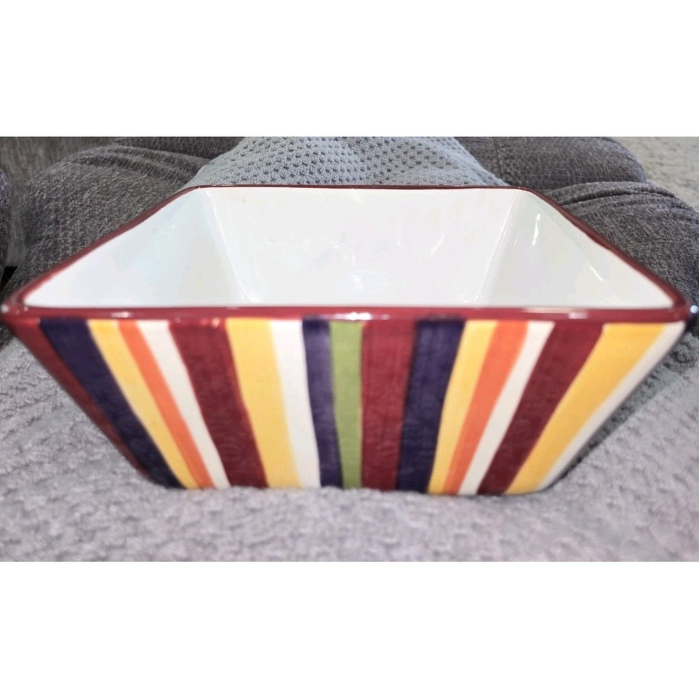 Pampered‎ Chef Simple Additions Square Striped Multicolor Ceramic Serving Bowl
